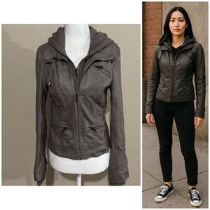 American Rag Women's Brownish Grey Faux Leather Hooded Jacket Women's Size Small